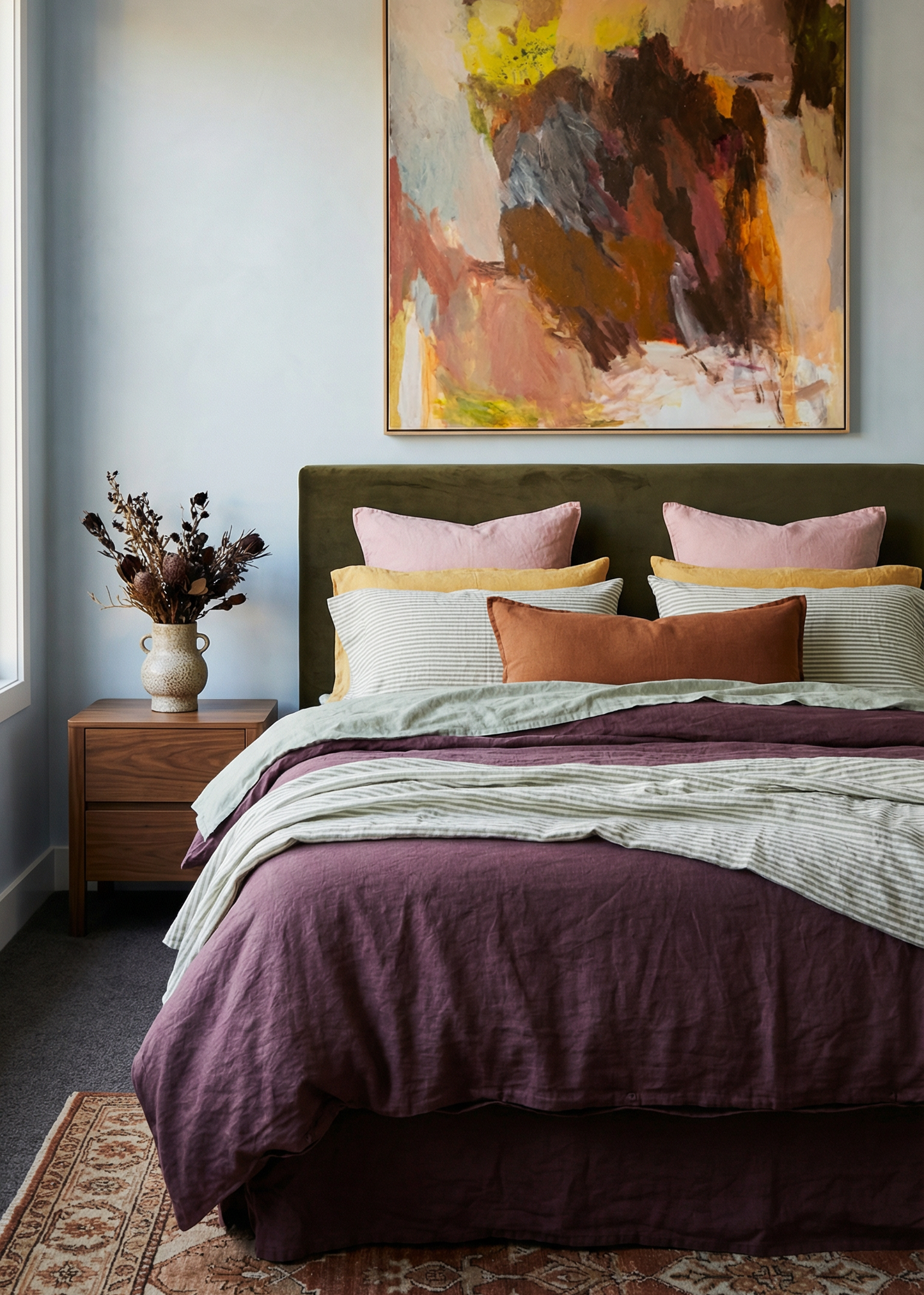 Bedroom with a colorful abstract painting above the bed