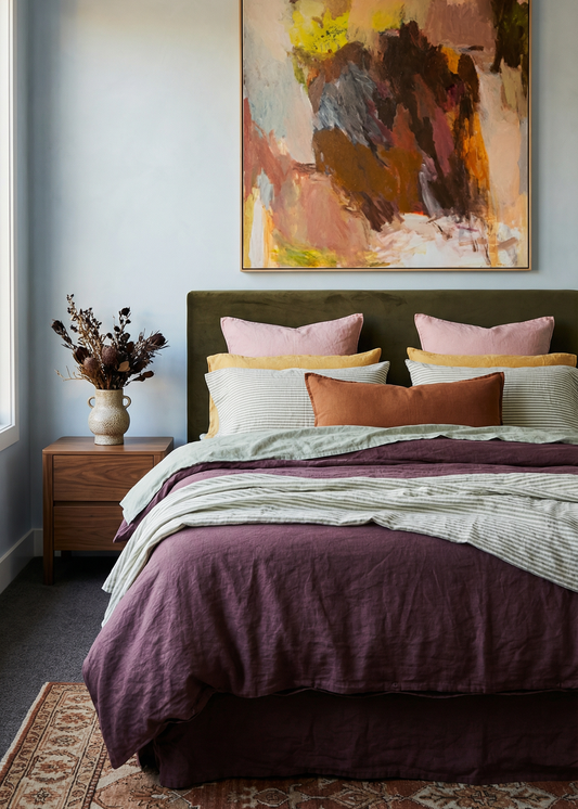 Bedroom with a colorful abstract painting above the bed