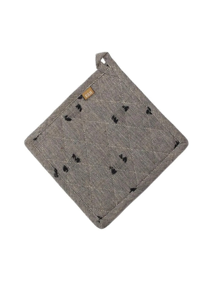 Gray pot holder with black heart patterns on a white background