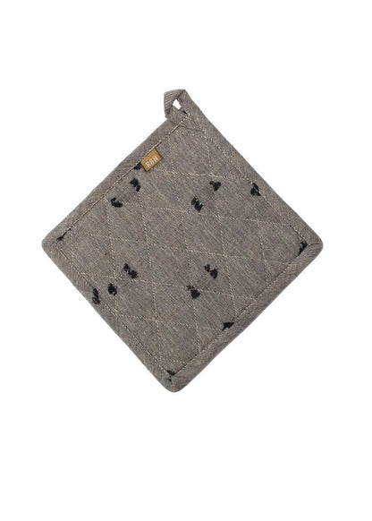 Gray pot holder with black heart patterns on a white background