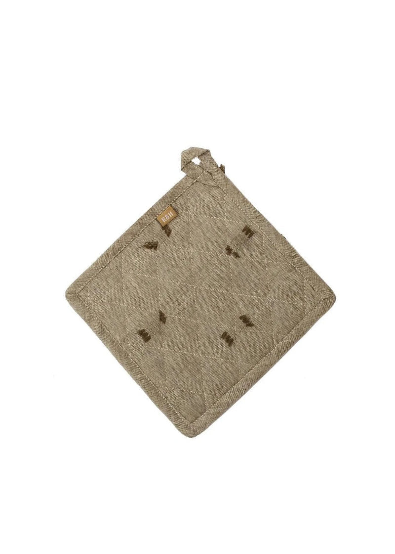 Brown textured pot holder with a wooden tag on a white background