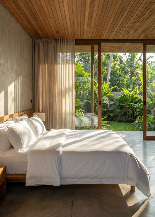 Modern bedroom with wooden ceiling and large glass doors opening to a garden view.