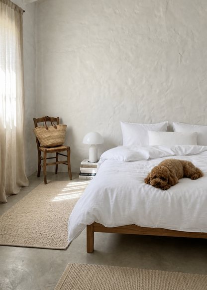 A cozy bedroom scene with a bed dressed in white bedding, a small brown dog resting on the duvet, a wooden chair with a woven bag, and natural fiber rugs on a light concrete floor against a textured off-white wall.