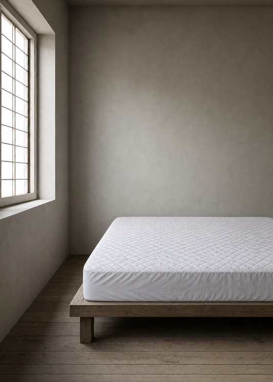 A minimalist bedroom scene featuring a low wooden platform bed with a white quilted mattress, set against a textured plaster wall next to a window with a grid pattern.