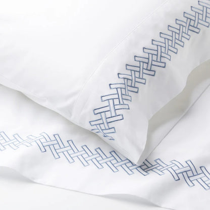 Luxury Rattan Weave Embroidered Flat Sheet Set | Mediterranean Blue