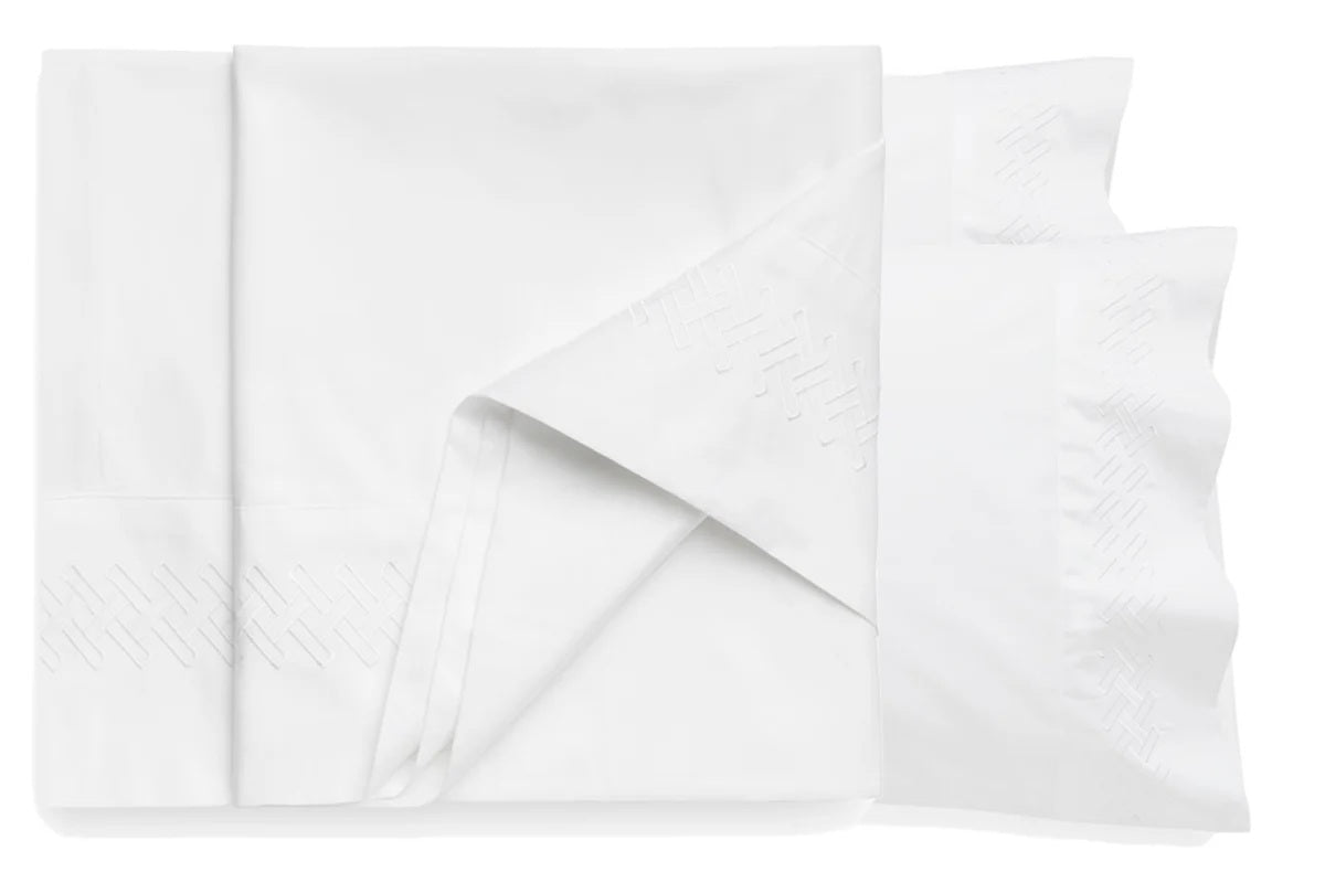 Luxury Rattan Weave Embroidered Flat Sheet Set | White