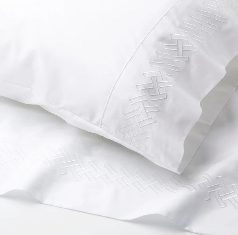 Luxury Rattan Weave Embroidered Flat Sheet Set | White
