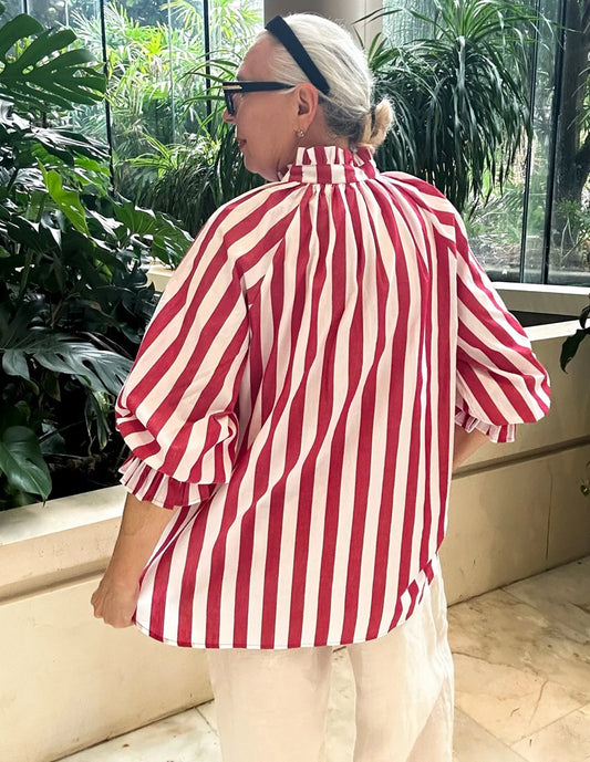 Oversized Cotton Shirt - Red Stripes