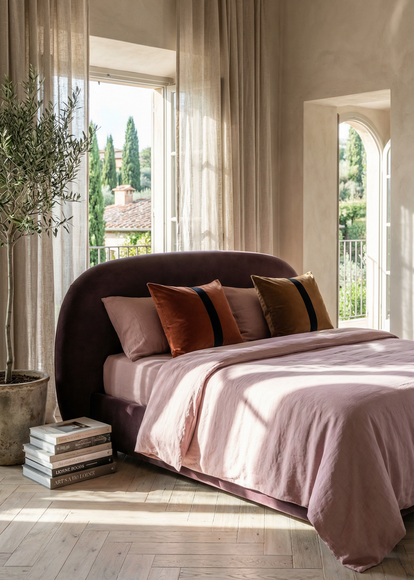 Neatly made bed with pink bedding in a bright bedroom with large windows.