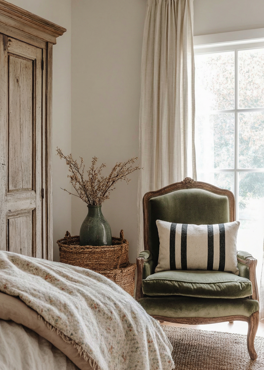 Cozy bedroom with a green chair, striped pillow, and wooden wardrobe.