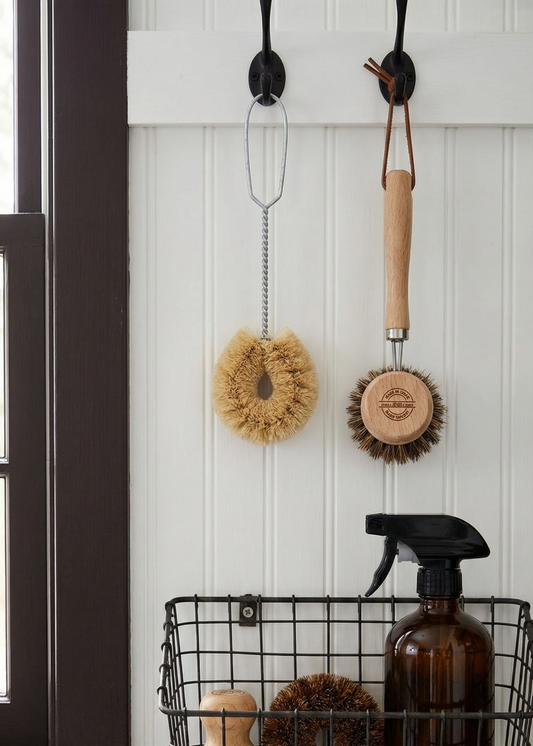Cleaning supplies including a spray bottle, scrubber, and brush holder on a white wall.