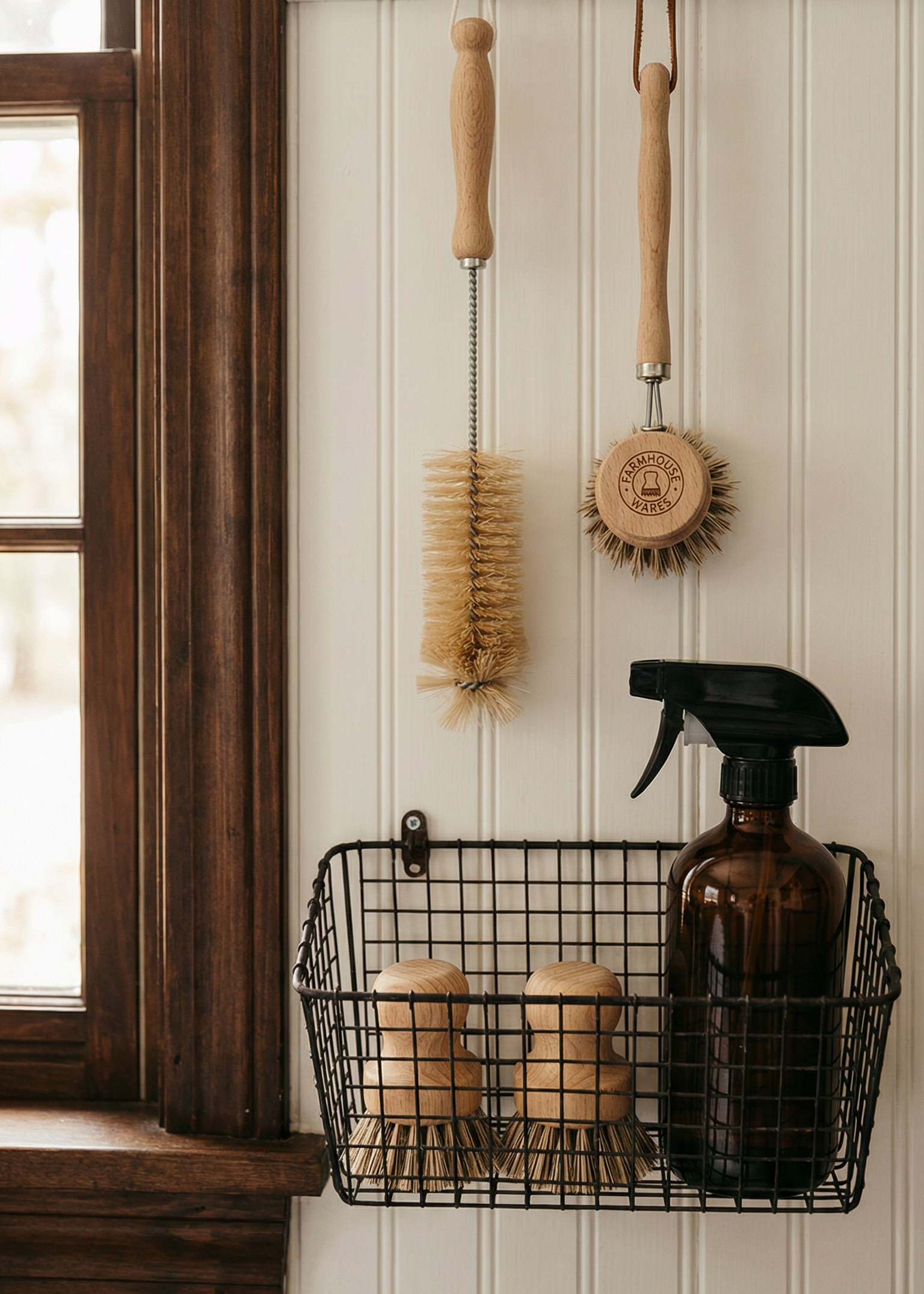 Cleaning tools including a brush, a circular scrubber, and a spray bottle hanging on a wall with a wire basket below.