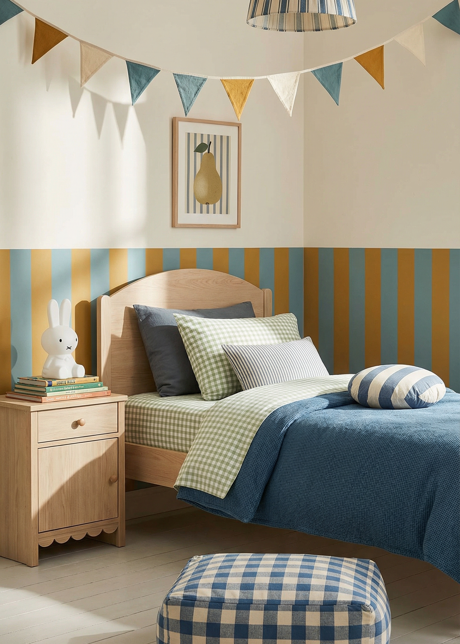Children's bedroom with striped walls, bed, and decorative elements.
