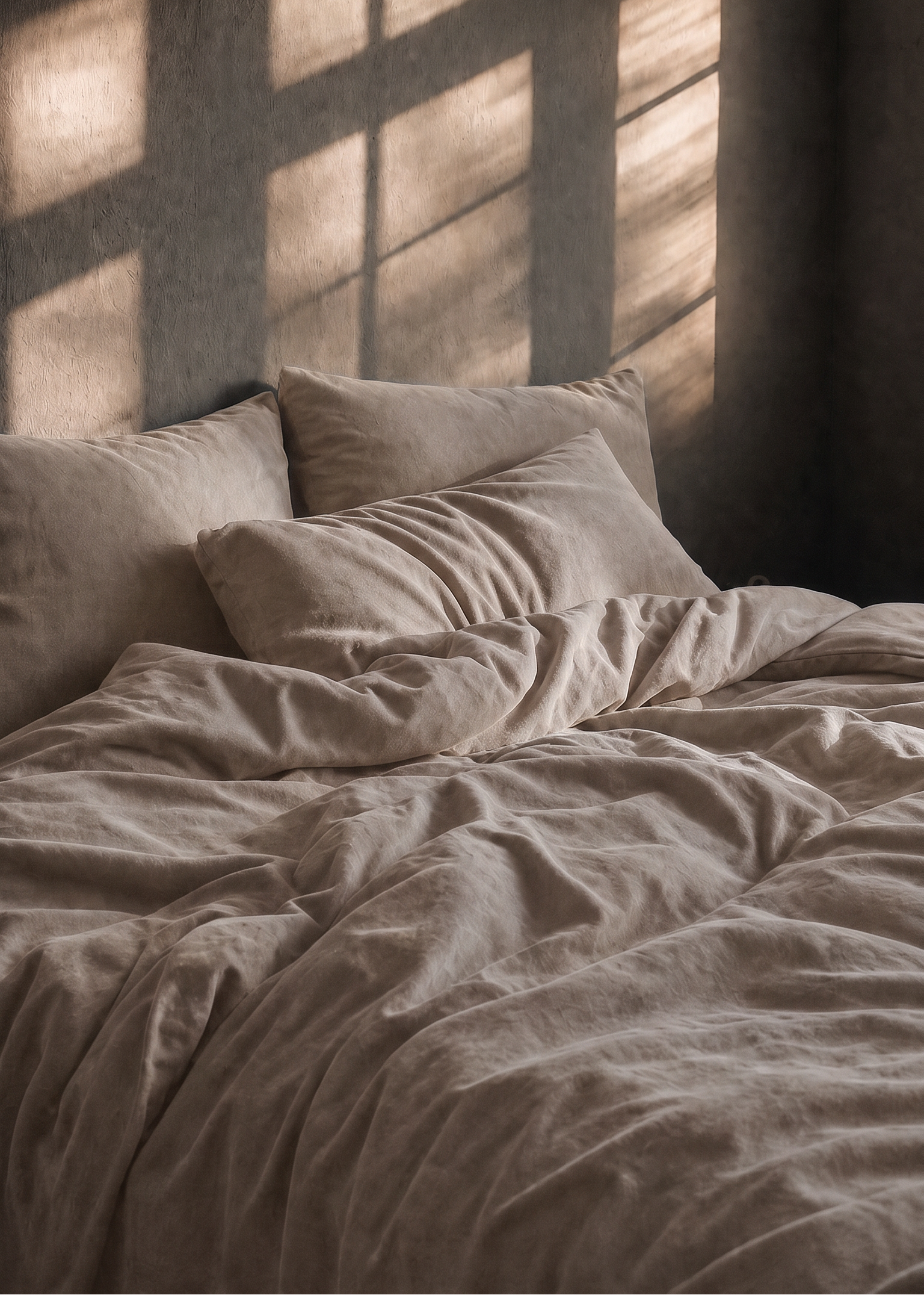 A close-up of a bed with rumpled beige linen bedding and matching pillows, set in a dark room with dramatic sunlight casting window-shaped shadows on the wall.