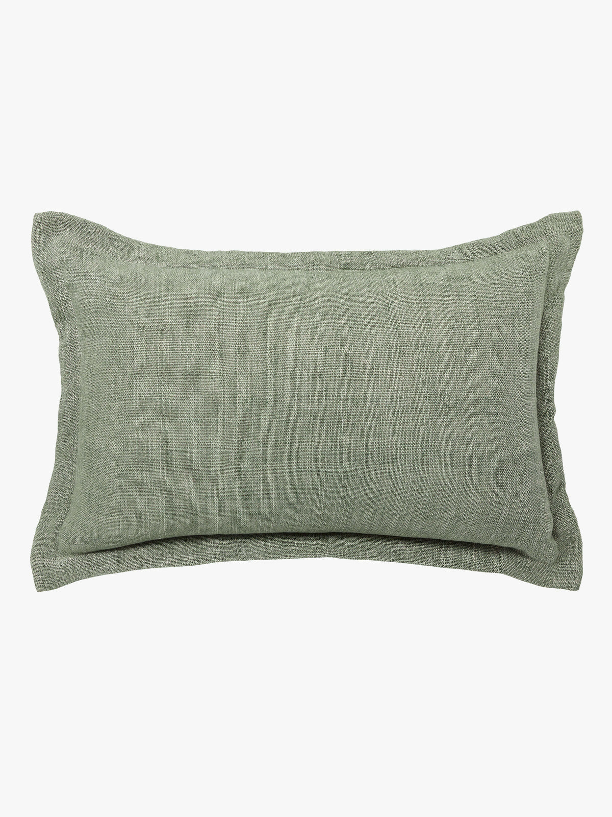 A rectangular lumbar throw pillow in a textured sage green linen fabric, shown against a plain white background.