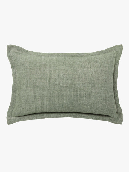 A rectangular lumbar throw pillow in a textured sage green linen fabric, shown against a plain white background.