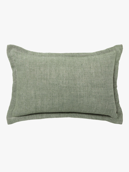 A rectangular lumbar throw pillow in a textured sage green linen fabric, shown against a plain white background.