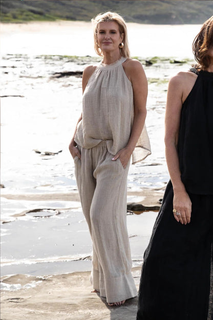 Gauze Linen Highneck Top | Black