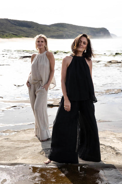 Gauze Linen Highneck Top | Black