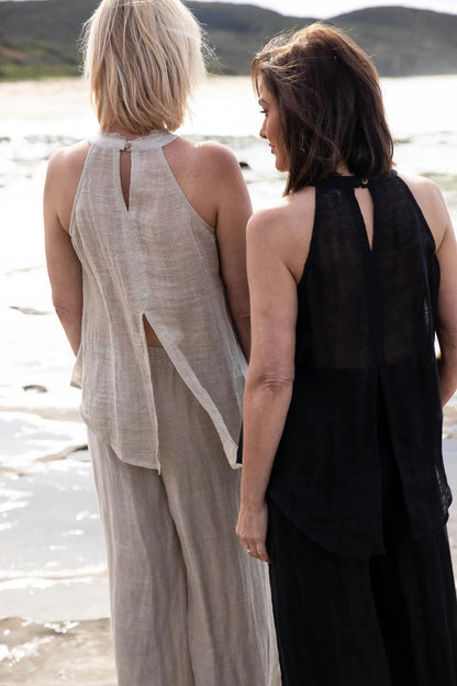 Gauze Linen Highneck Top | Black