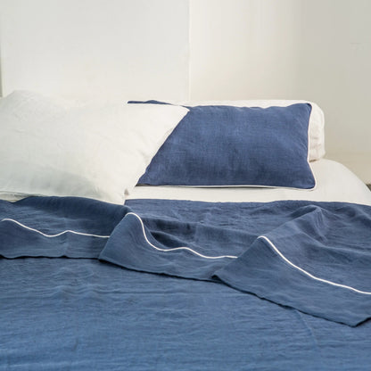 Fiore di Lino Flat Top Sheet | Stone Blue Piping | Made in Italy