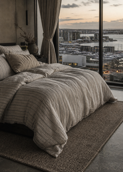 Bedroom with large windows offering a cityscape view during sunset.