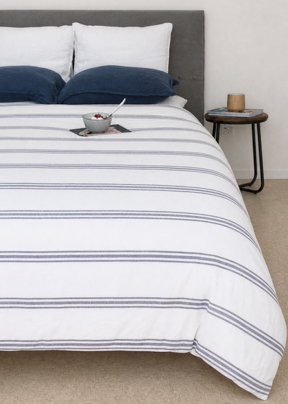 Linen Duvet Cover Set | White & Royal Navy Stripe