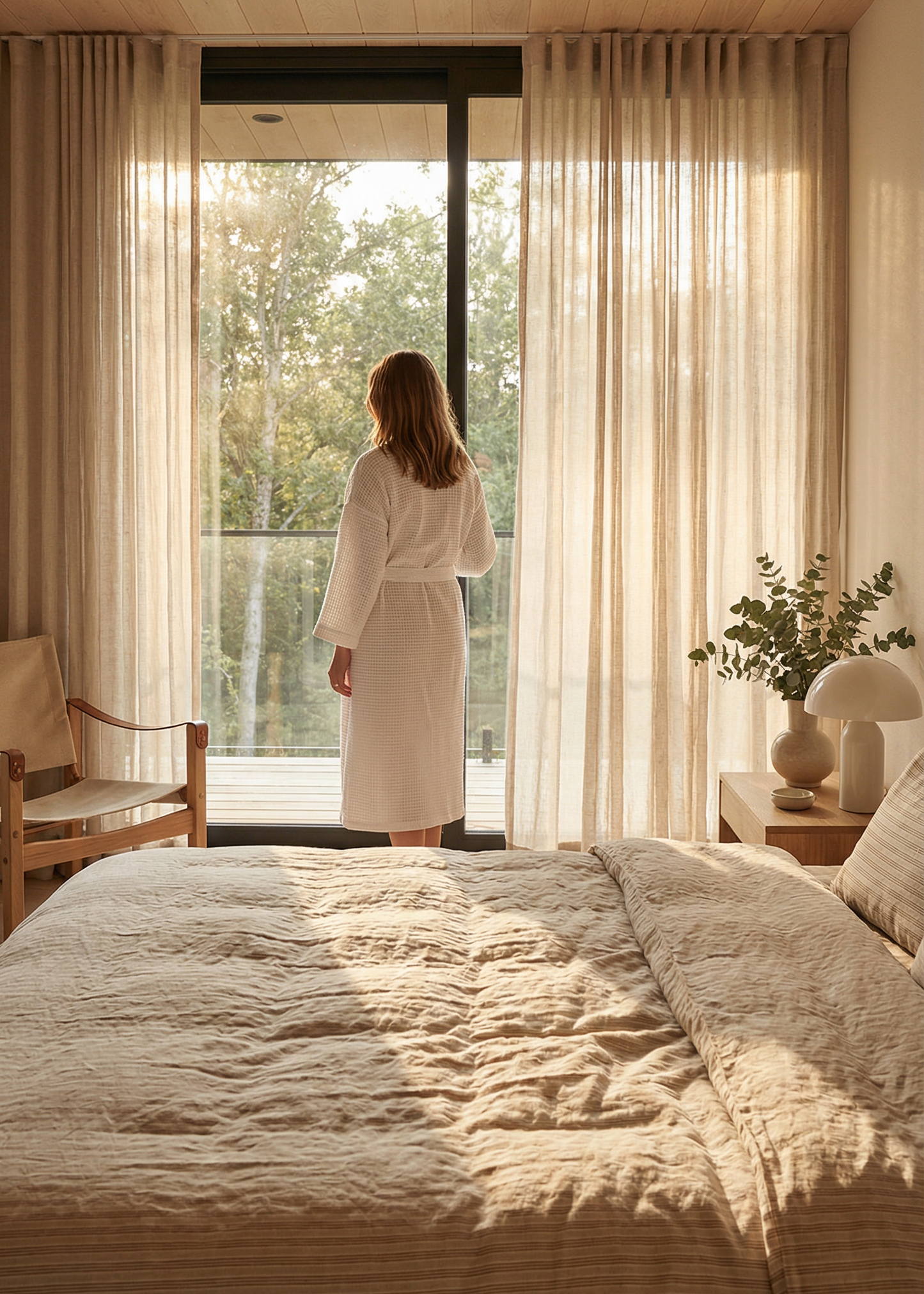 Woman in a white robe standing by a large window in a bedroom with natural light.