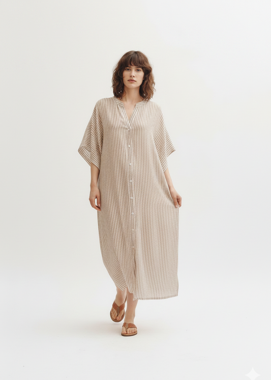 Linen Beach Dress - Bronze & White Stripe