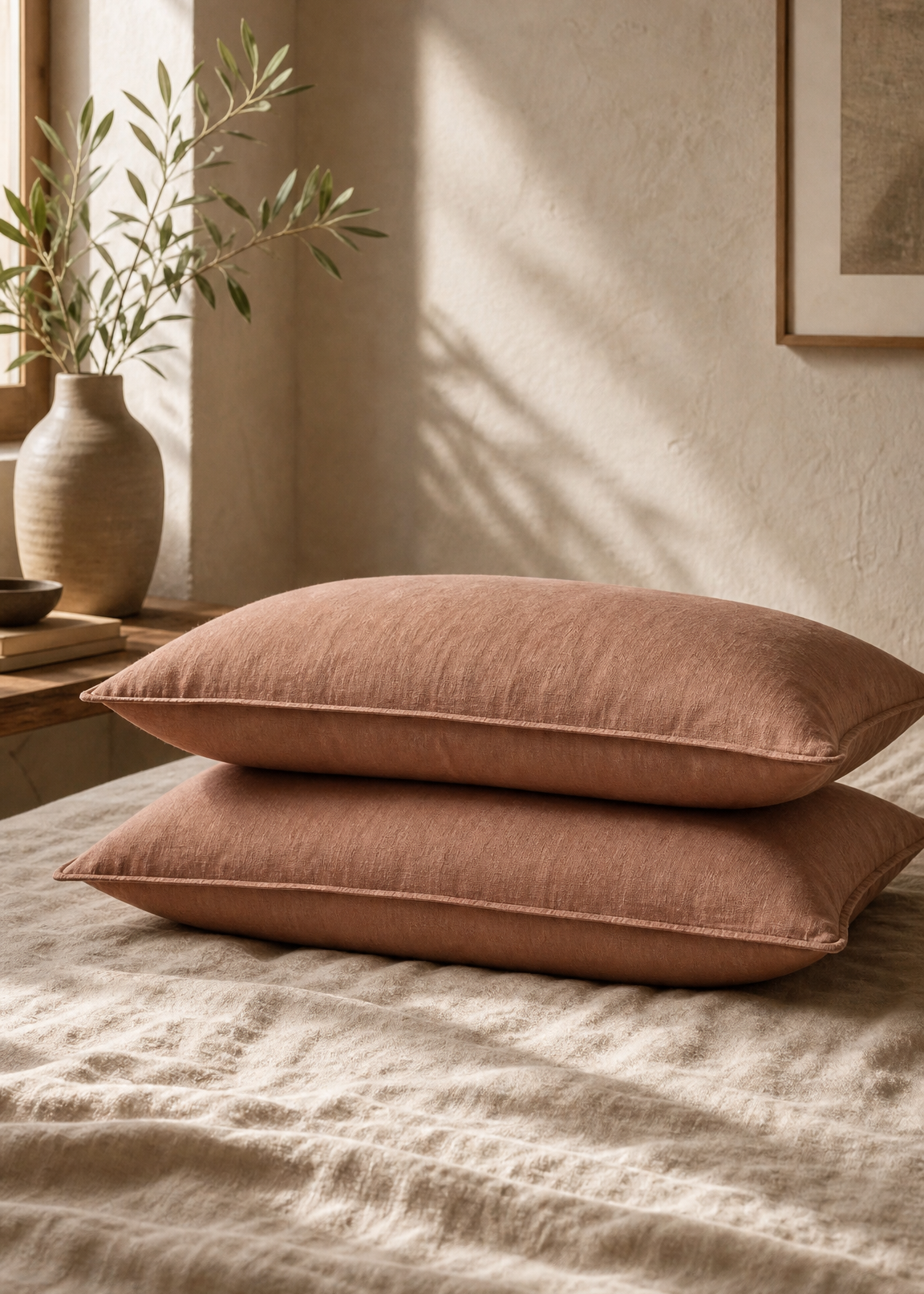 Two dusty rose linen pillows stacked on a textured beige bedspread in a warm, sunlit bedroom setting.