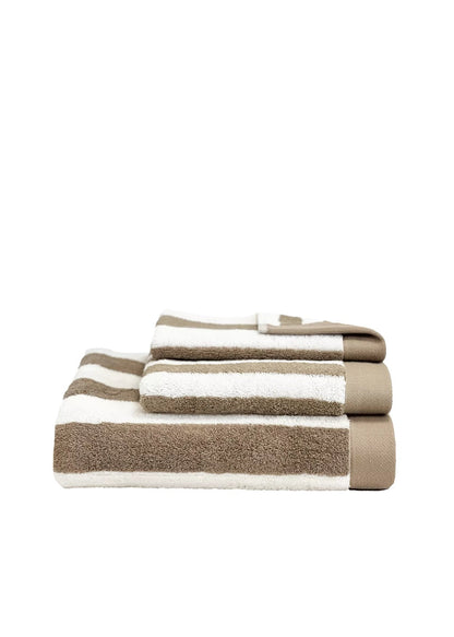 A stack of three folded striped towels in taupe brown and off-white, shown on a solid white background.