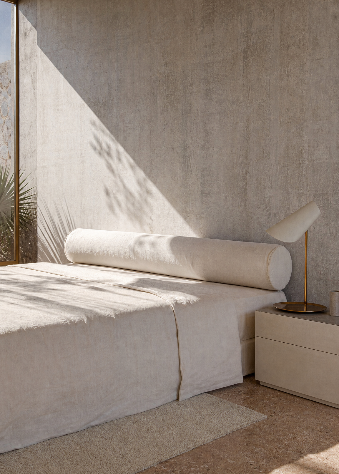 A minimalist bed with white bedding and a cylindrical cream pillow in a modern concrete-textured bedroom with warm natural light.