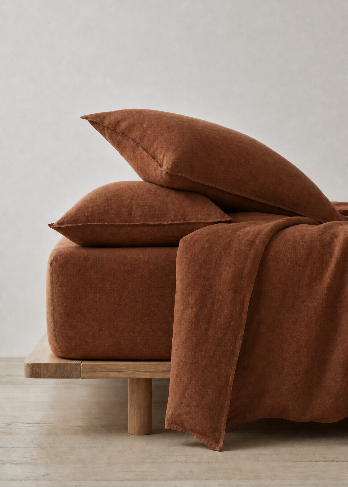 Brown bedspread and pillows on a wooden bed against a light gray wall.