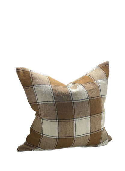 Plaid pillow with brown and beige colors on a white background