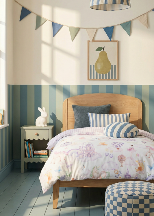 Children's bedroom with striped walls, wooden bed, and decorative elements.