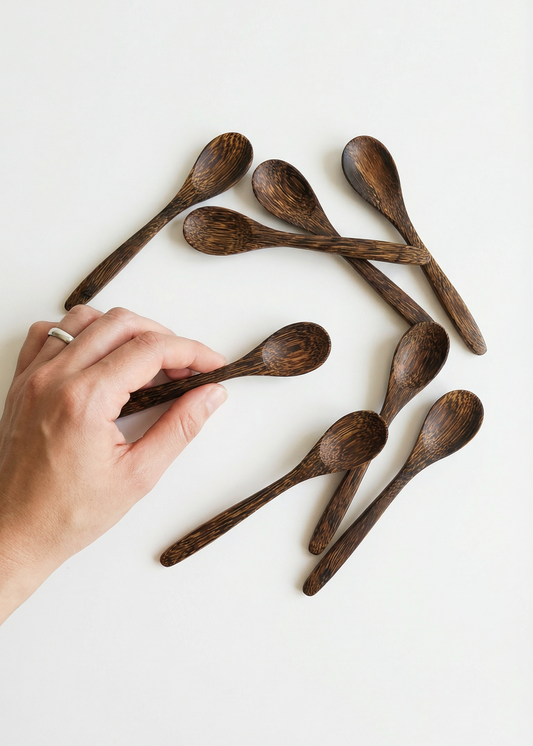 Hand arranging wooden spoons on a white surface
