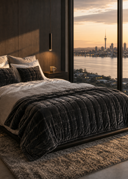 A modern bedroom featuring a bed dressed in dark charcoal and white textured bedding, set on a shag rug beside a large floor-to-ceiling window overlooking a city skyline at sunset.