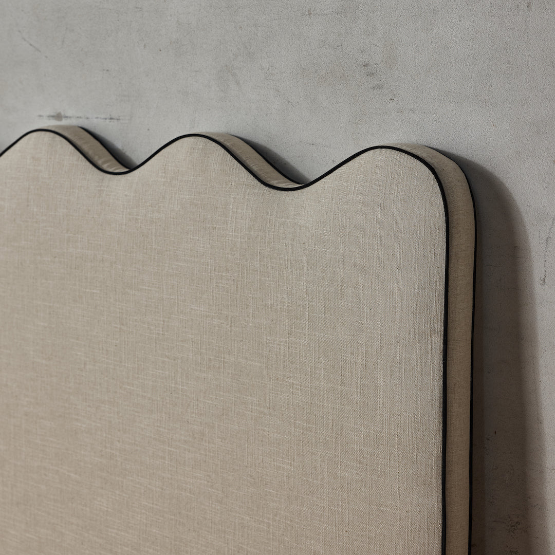 Piped Edge Headboard | Upholstered Bedhead | Natural & Black Linen
