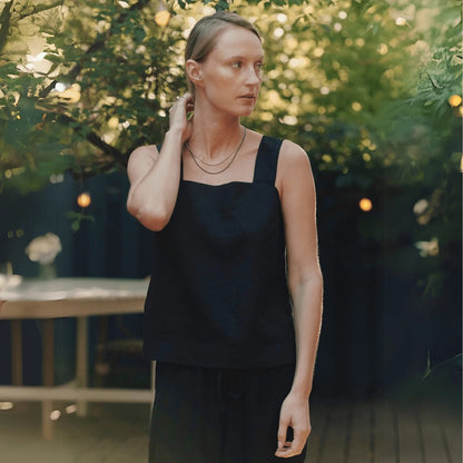 Polka Linen Top – Black