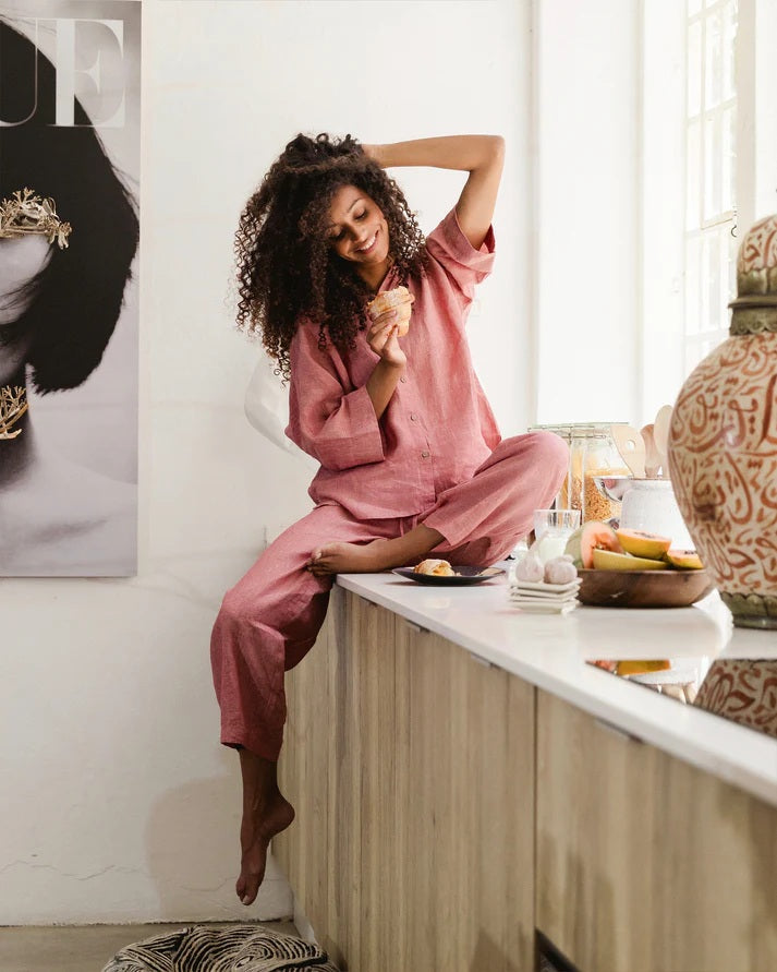 Linen pajama set -  Cranberry