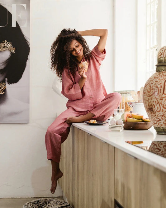 Linen pajama set -  Cranberry