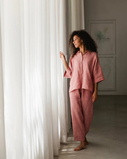 Linen pajama set -  Cranberry