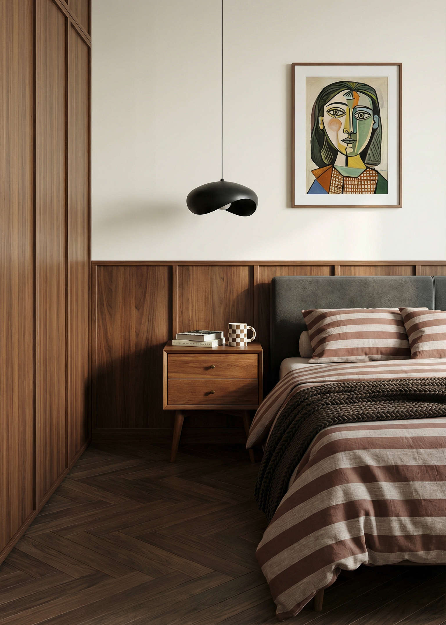 Modern bedroom with wooden wall, bed, and pendant light.