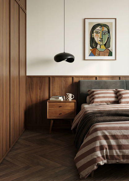 Modern bedroom with wooden wall, bed, and pendant light.