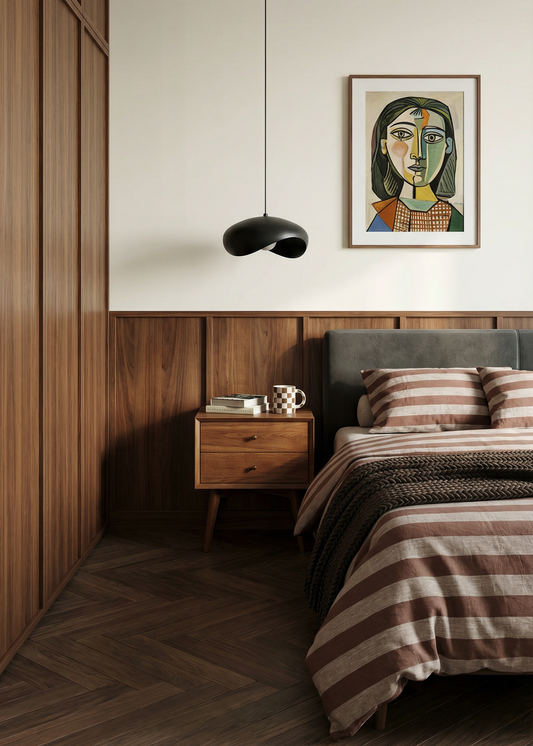 Modern bedroom with wooden wall, bed, and pendant light.