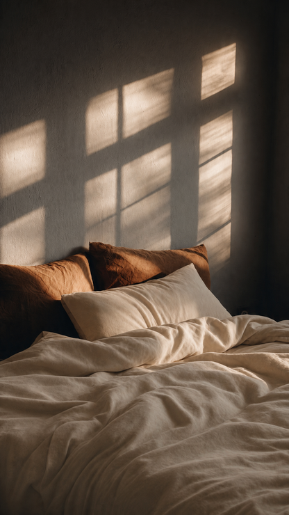 Bed with pillows and blankets in a room with sunlight filtering through window blinds.