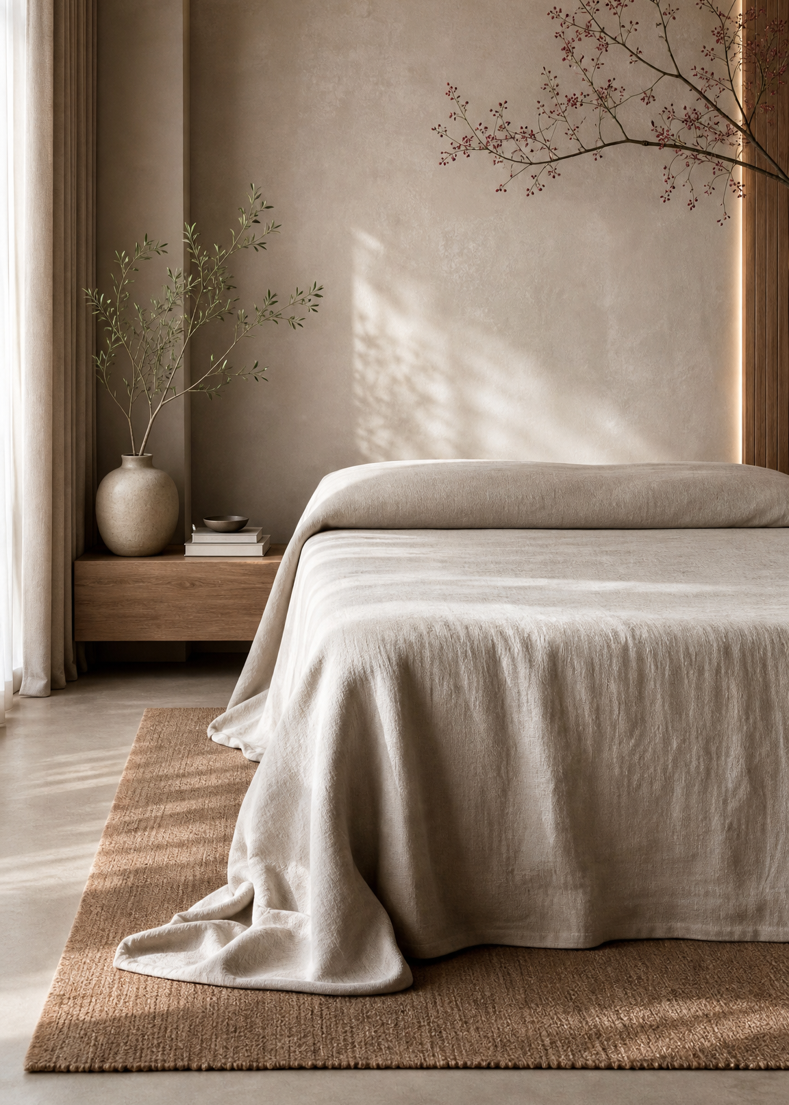 Neatly made bed in a bedroom with neutral tones and minimal decor.
