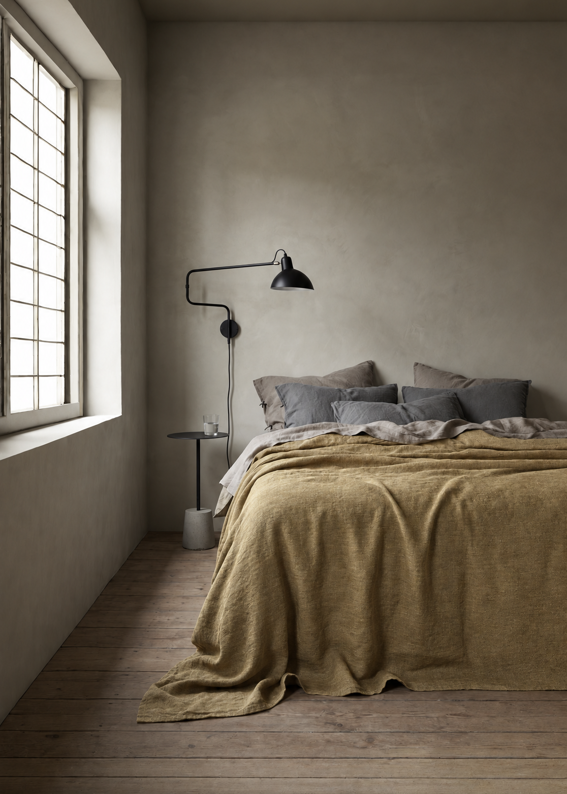 A rustic bedroom scene with a bed dressed in a textured mustard-yellow linen cover and gray pillows, set against a plaster wall with a window and a black wall lamp.