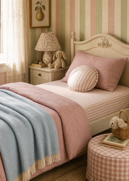 Children's bedroom with striped wallpaper, pink bedding, and decorative items.