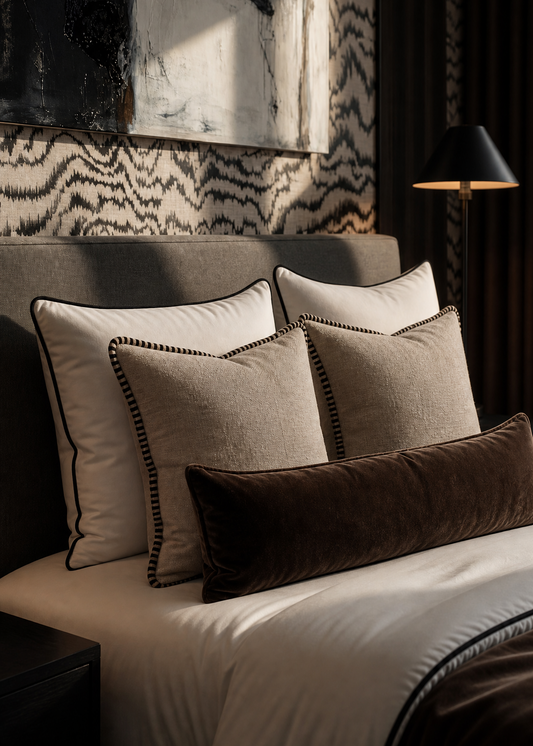 Bed with decorative pillows against a wall with abstract art